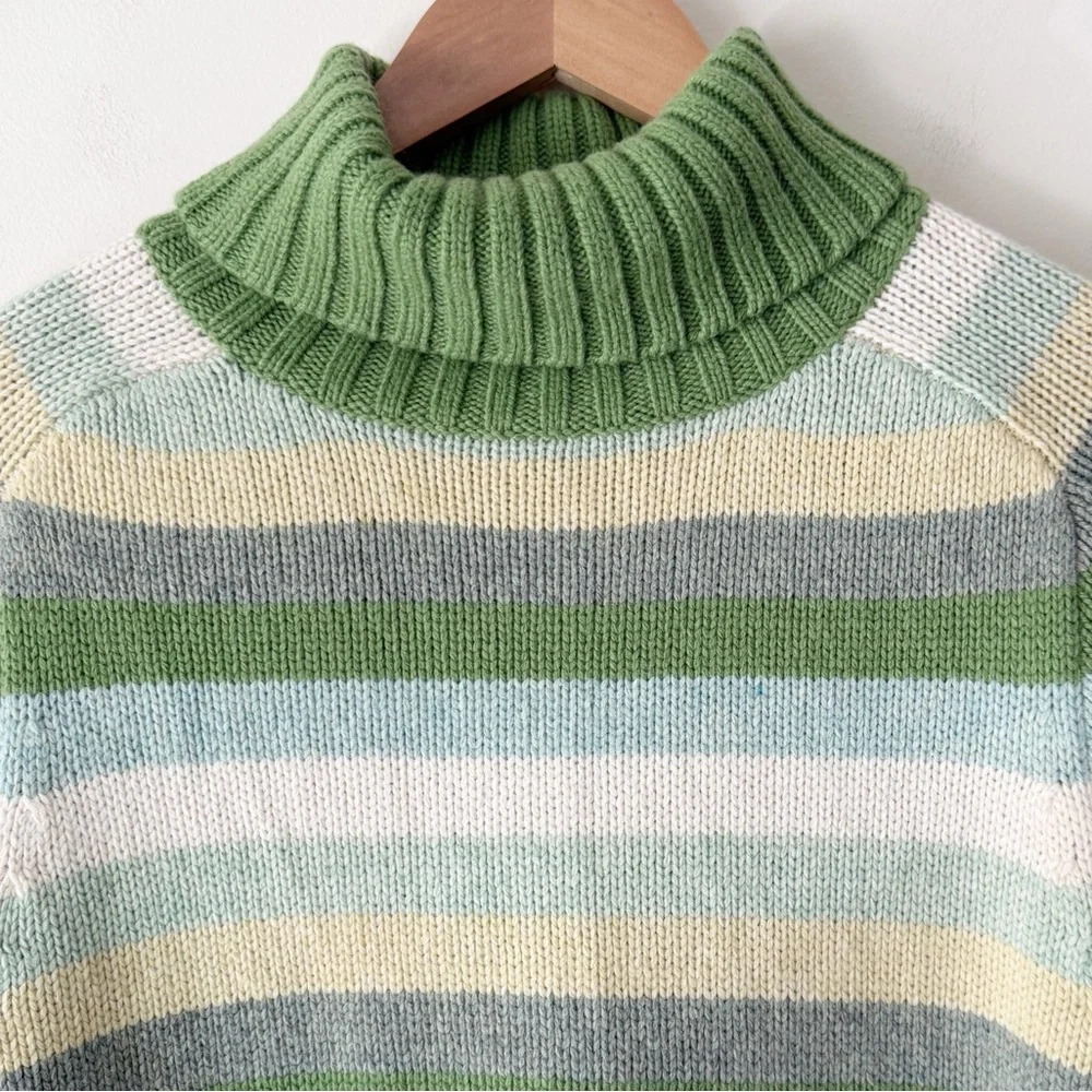 GAP 2003 Y2K Striped Turtleneck Sweater Green Cream Wool Blend XL Hong Kong - Picture 5 of 13